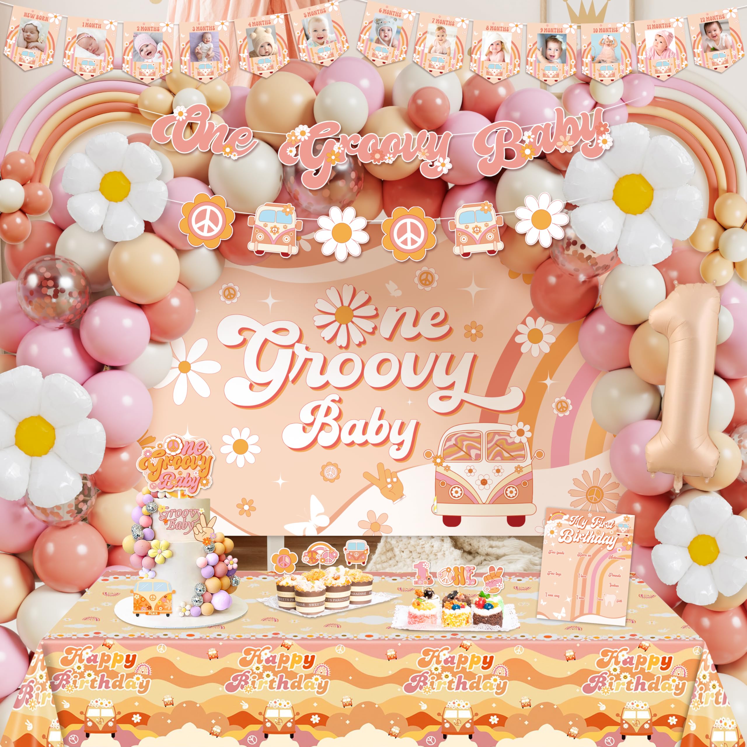 WHYMEO Groovy One cake topper anchors a focal party cake