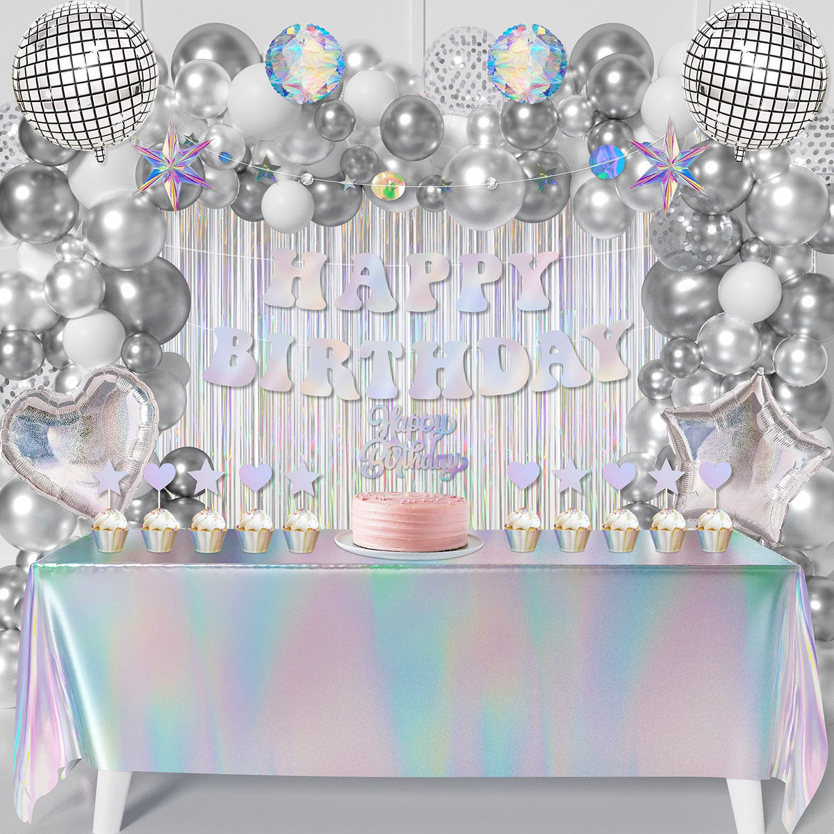 WHYMEO iridescent Happy Birthday banner shines under party lights, creating a festive focal point.