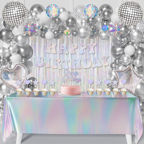 WHYMEO iridescent Happy Birthday banner shines under party lights, creating a festive focal point.