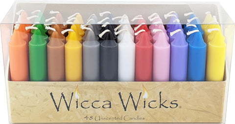 WICCA WICKS box of 48 colored candles for altar displays and rituals.