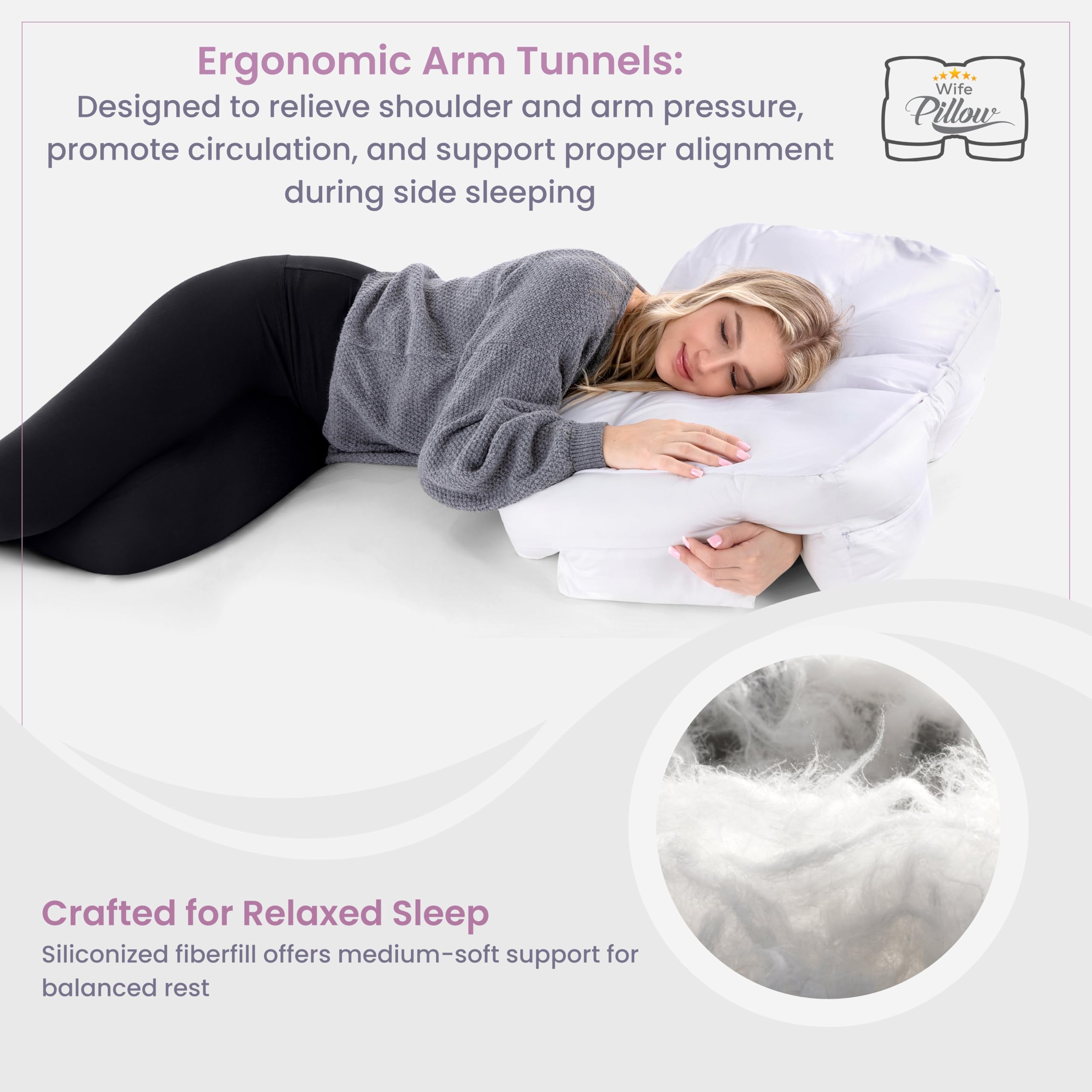 Wife Pillow adjustable-fill pockets allow height and firmness customization.