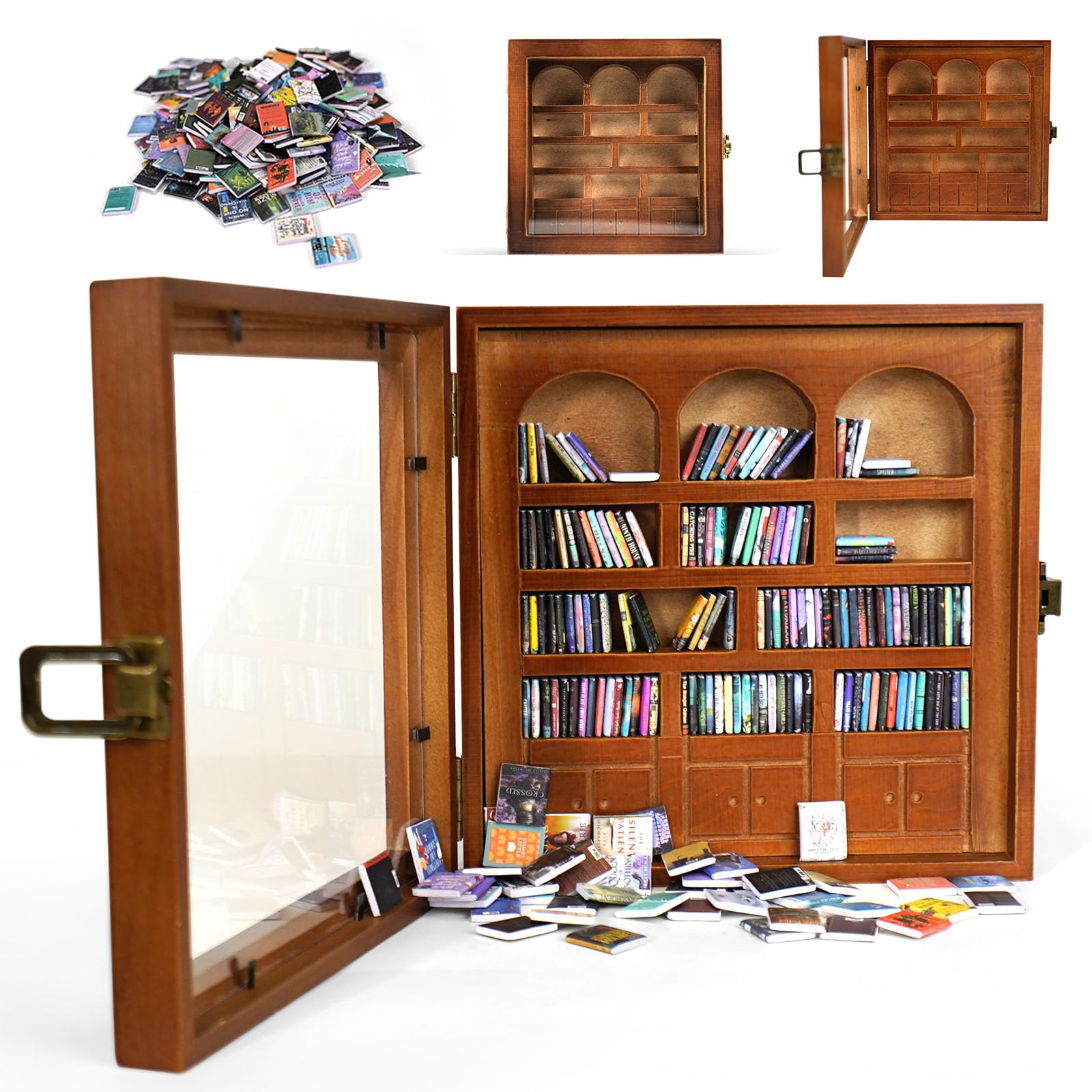WifePro Anxiety Bookshelf miniature library with 200 unique spine designs for visual interest.