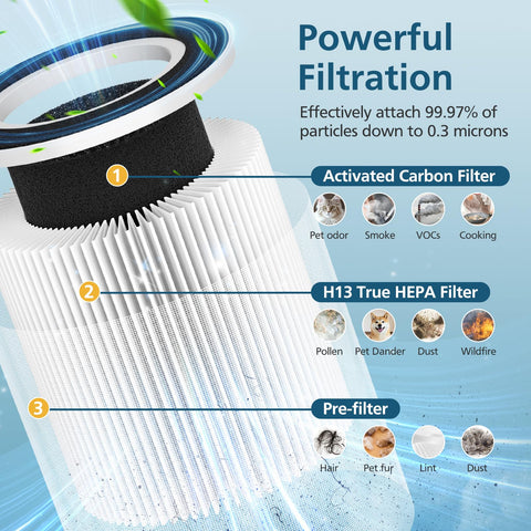 Three-in-one filtration layer with pre-filter, main filter, and activated carbon.