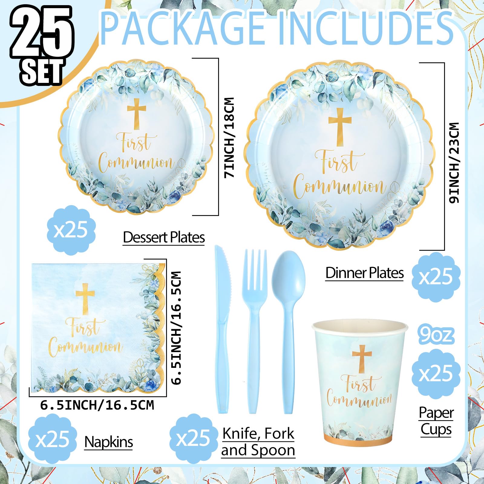 Willinglong blue First Communion plates 7-inch for kid-friendly serving and coordinated look