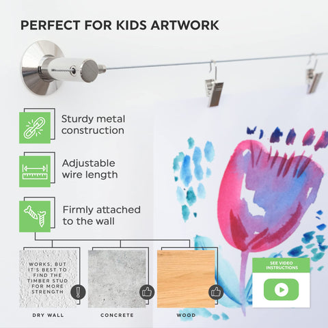 Wide wall art display setup featuring kids' drawings along a tidy line.