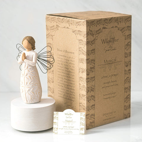 Willow Tree A Tree, a Prayer musical angel base shown on a shelf or mantel for comforting display