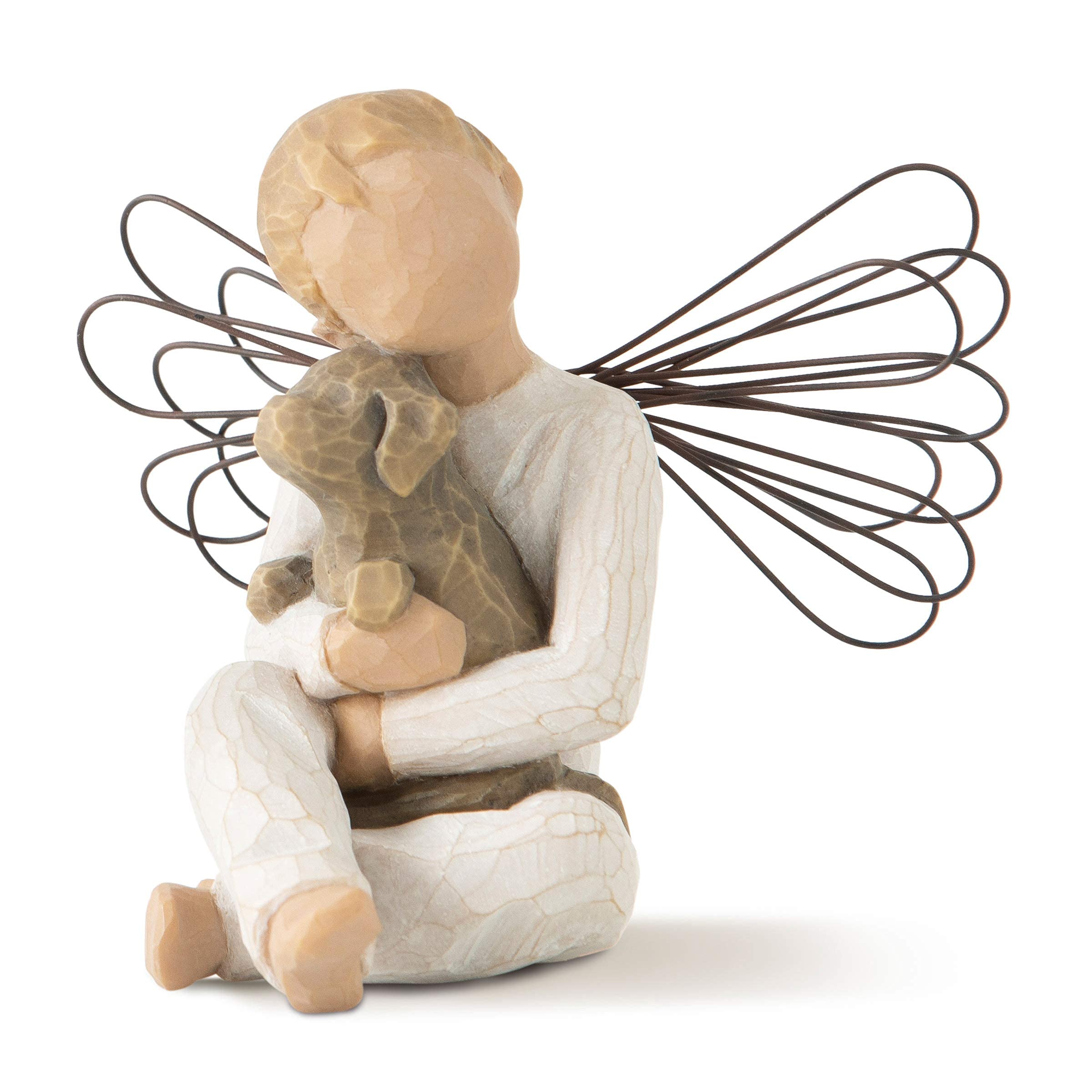 Willow Tree Angel of Comfort: boy angel in cream onesie cradling a brown dog.