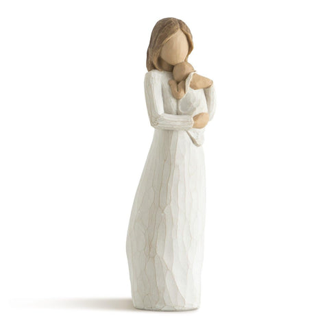 Willow Tree Angel of Mine in a cream dress holding an infant, a tender keepsake.