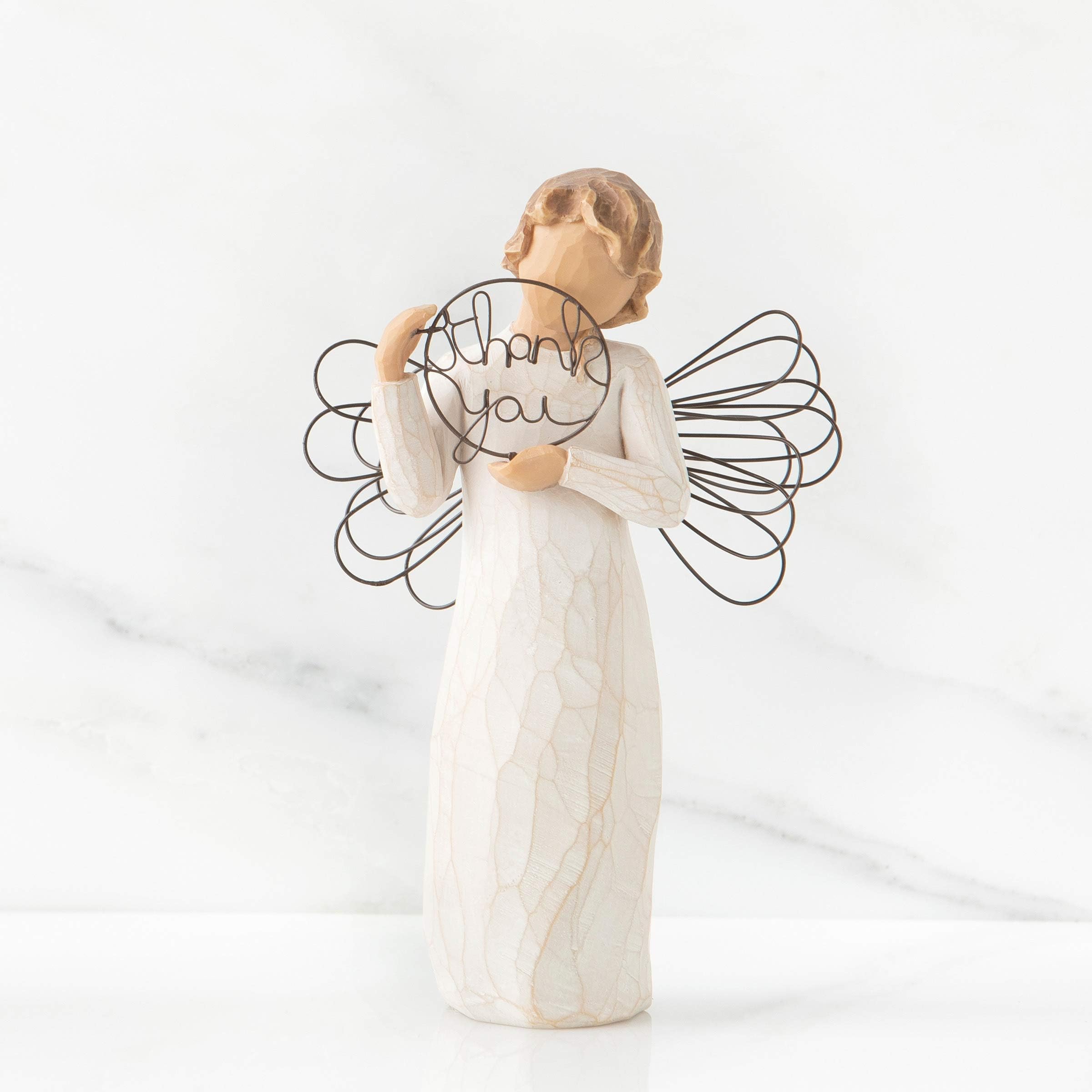 Willow Tree angel with wire wings and 'thank you' words for appreciation.
