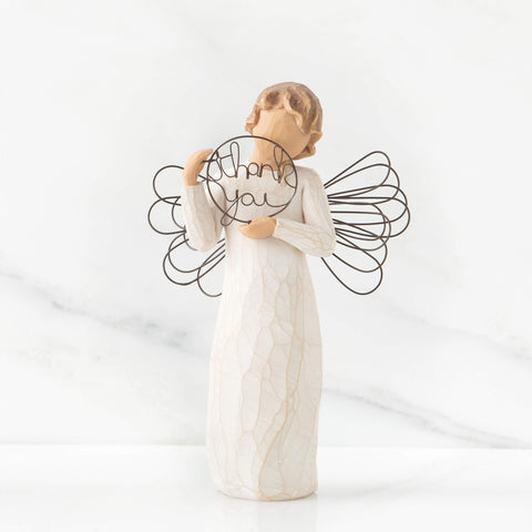 Willow Tree angel with wire wings and 'thank you' words for appreciation.
