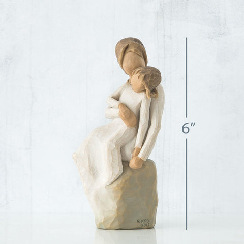 Willow Tree cream dress figure sitting on mom's lap, mantel centerpiece