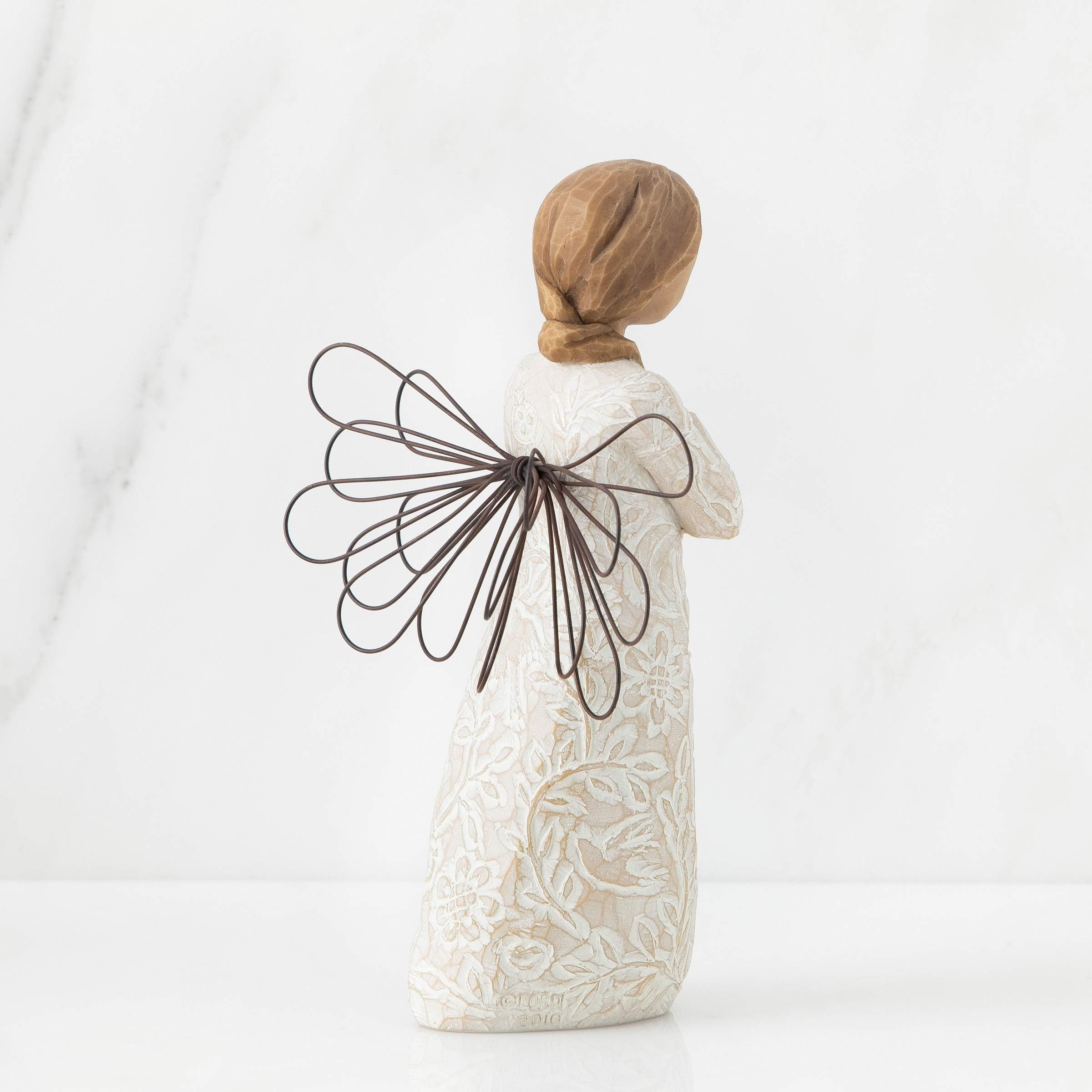 Cream dress angel with delicate wire wings, hand-painted resin sculpture.