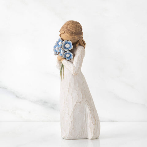 Willow Tree Forget-me-not figure bouquet focus emphasizing blue forget-me-nots.