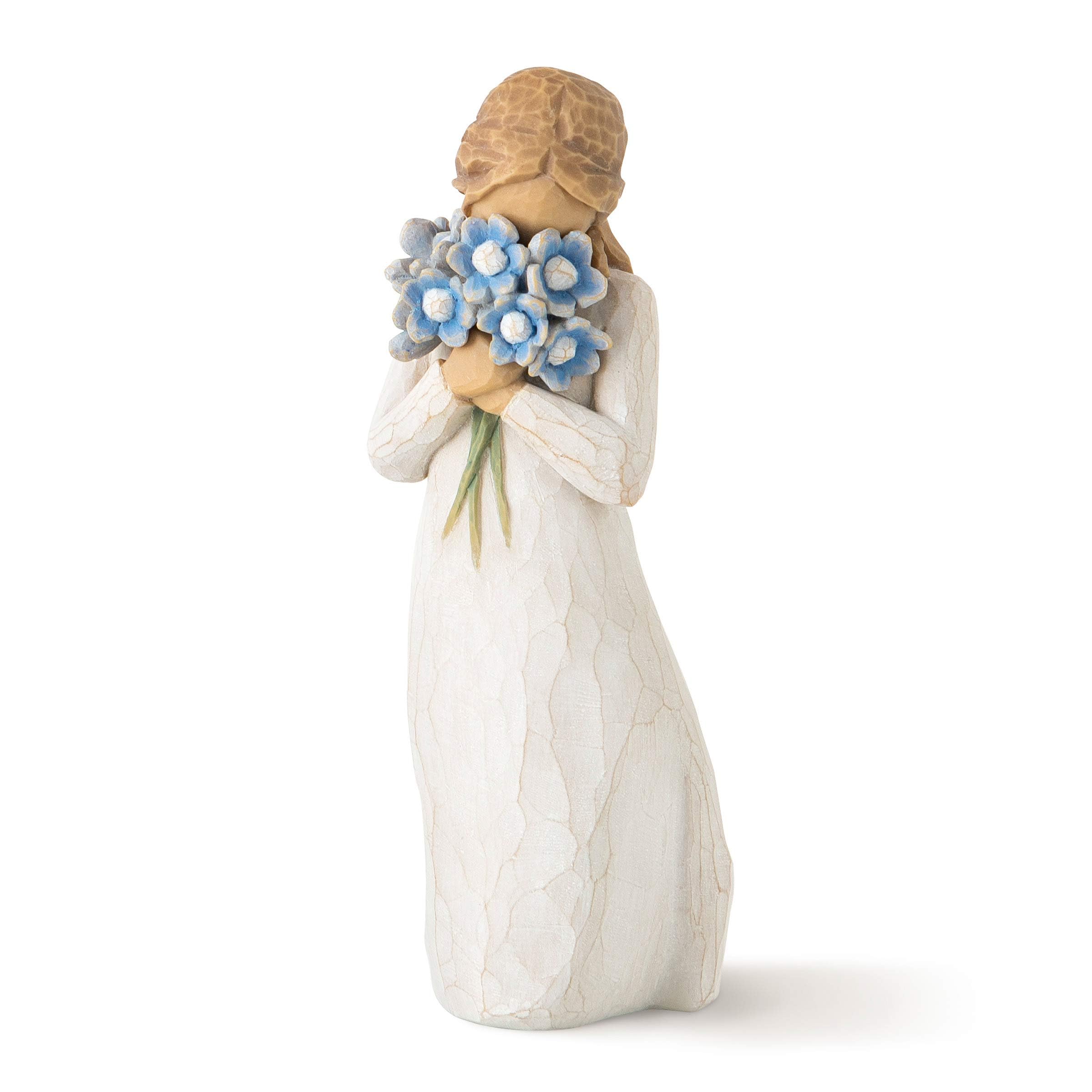 Willow Tree Forget-me-not figure front view showing bouquet held near the face for a calm remembrance.
