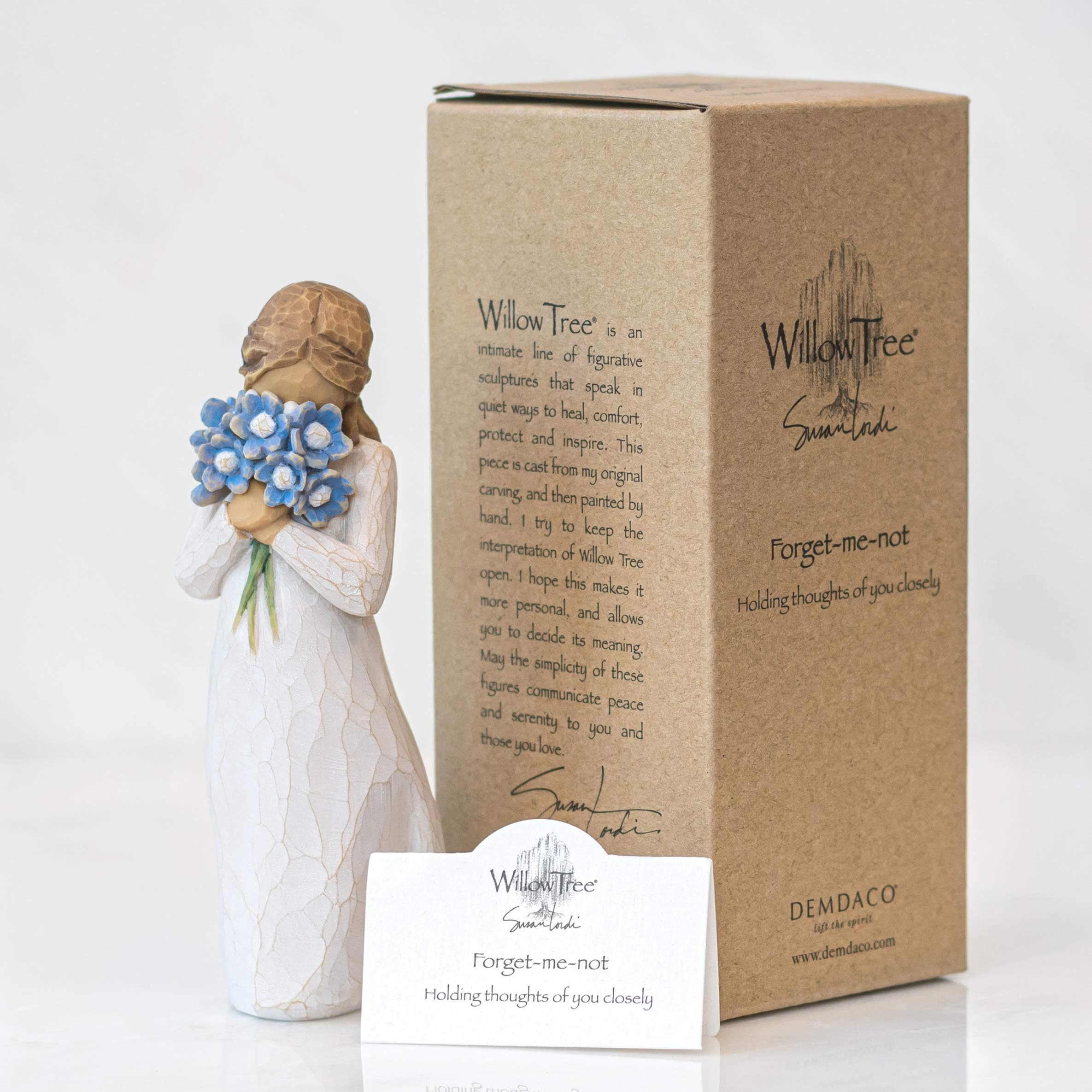 Willow Tree Forget-me-not figure on shelf display for lasting remembrance.