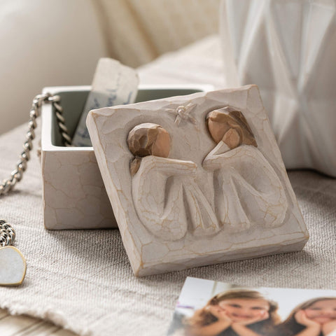 Willow Tree shelf-ready keepsake box on mantel.