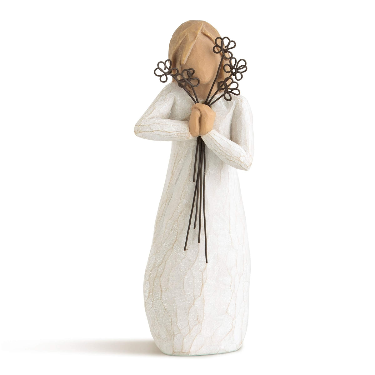 Willow Tree Friendship sculpture in cream dress for shelf display.