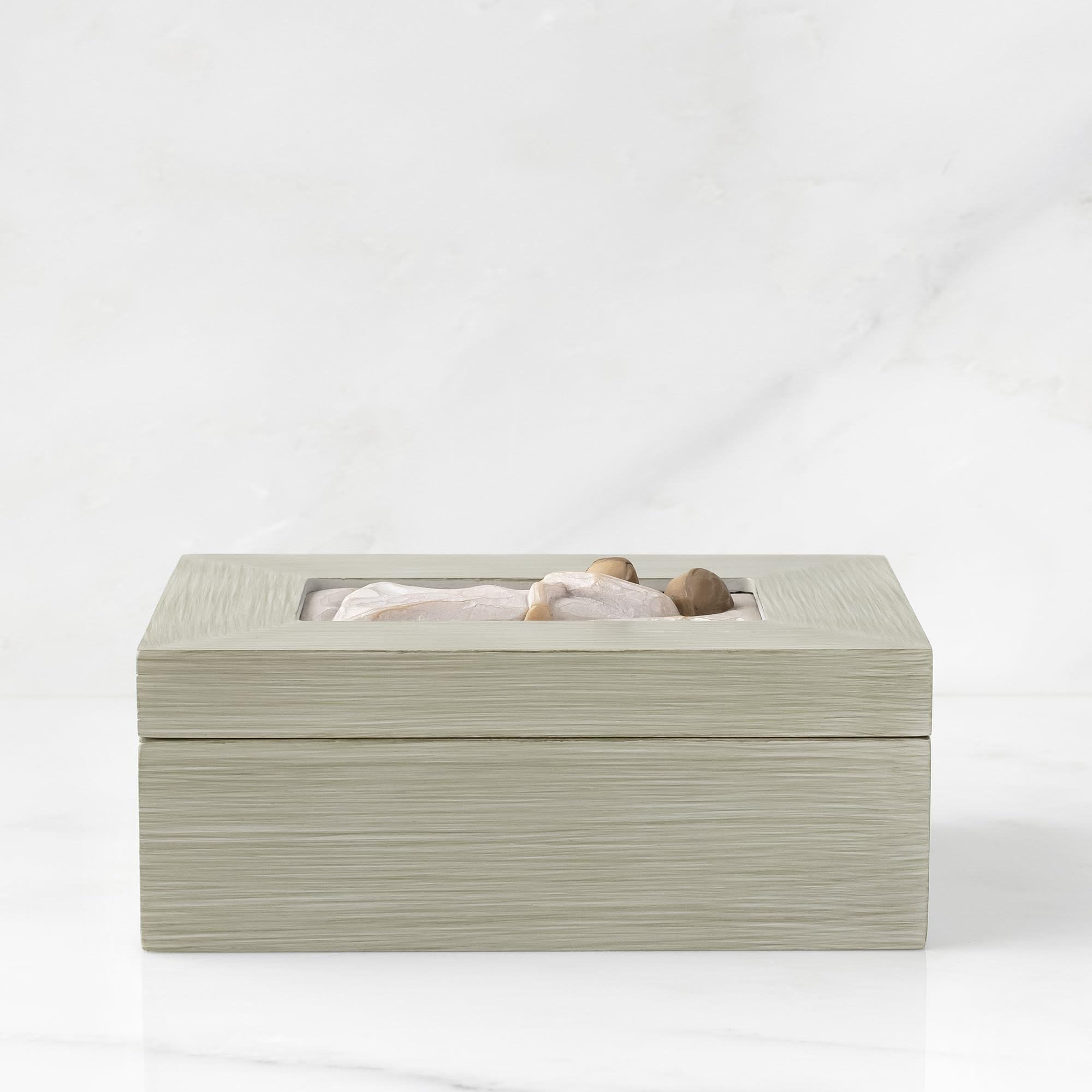 Close-up of Willow Tree hand-painted wood box reveals delicate bas-relief carving.