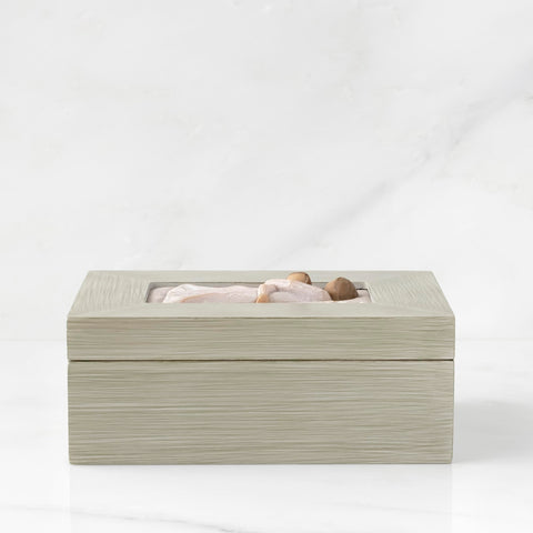 Close-up of Willow Tree hand-painted wood box reveals delicate bas-relief carving.