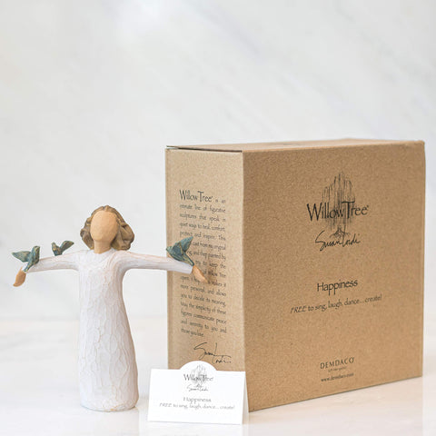 Willow Tree Happiness display-ready on shelf, table, or mantel.