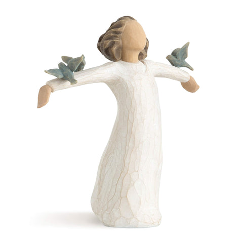 Willow Tree Happiness figure with three bluebirds on arms, ideal gift for graduates.