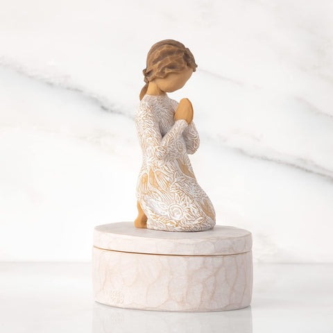 Hand-painted finish on Willow Tree Prayer of Peace keepsake box lid figure.