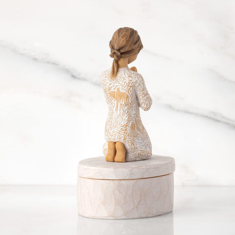 Inside sentiment reads 'Seeking the quiet within' on Willow Tree keepsake box.