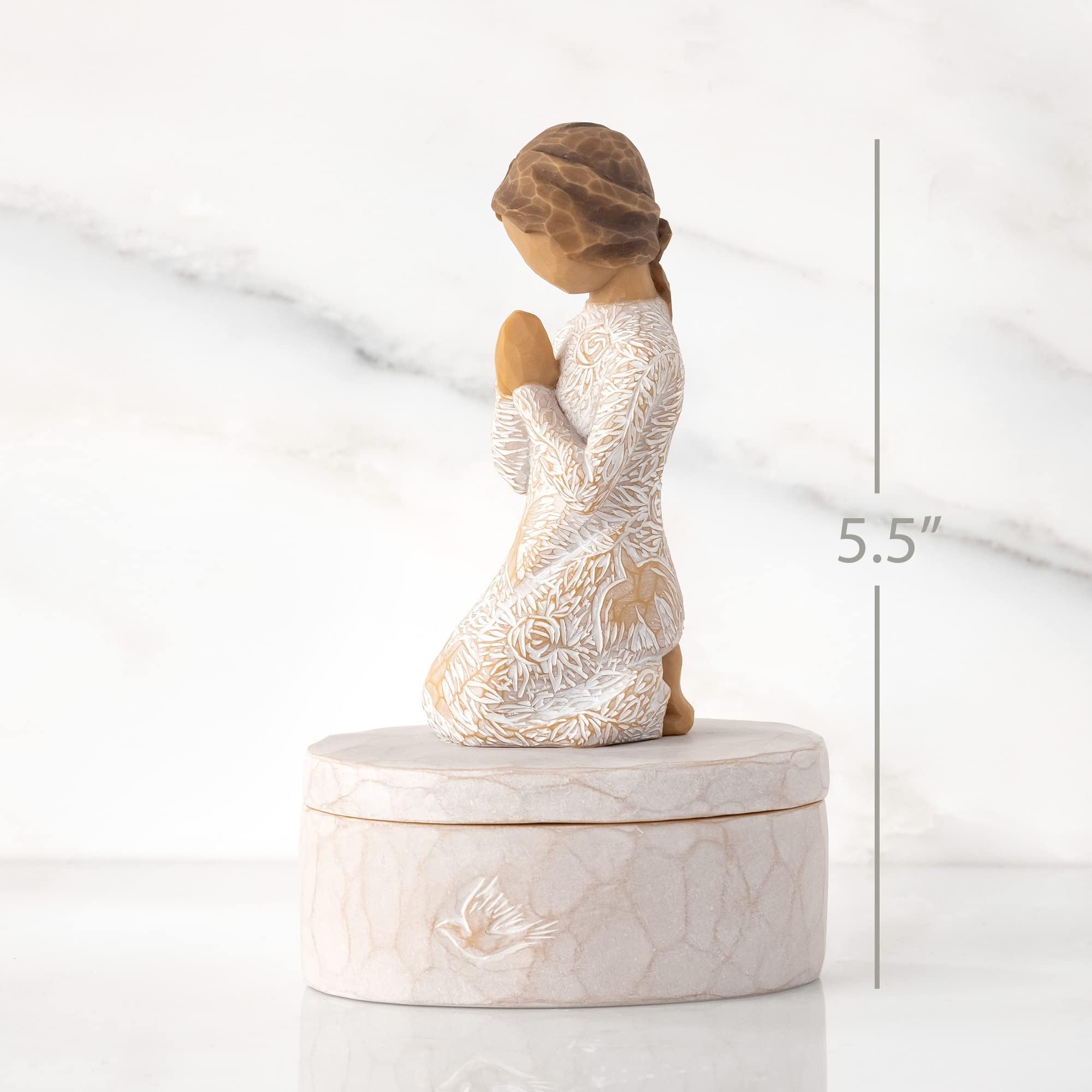Willow Tree Prayer of Peace keepsake box lid with kneeling figure detail.