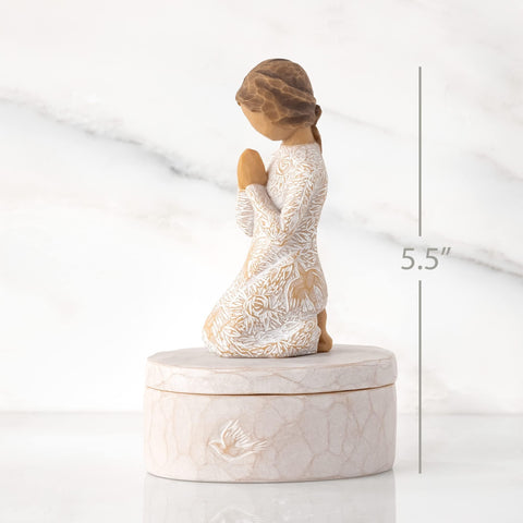 Willow Tree Prayer of Peace keepsake box lid with kneeling figure detail.