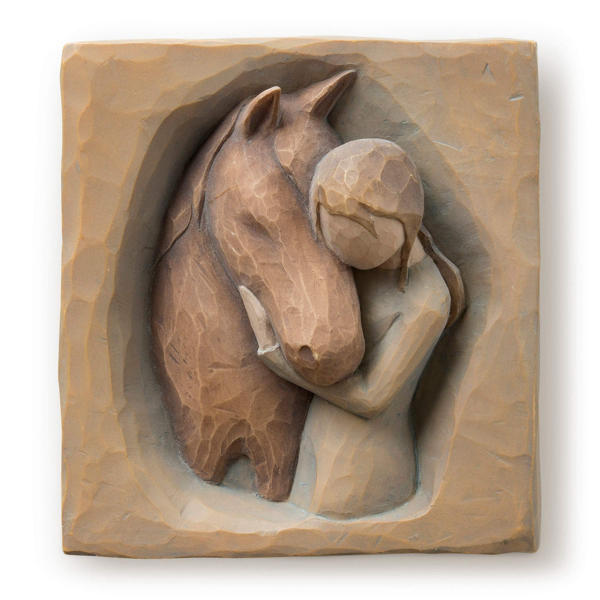 Willow Tree Quiet Strength: girl in cream dress embracing a horse in a bas-relief plaque for wall display.