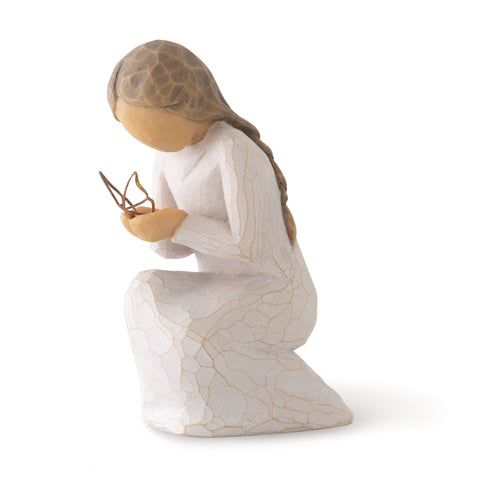 Willow Tree Quiet Wonder figure with cream dress and butterfly on hand, ideal encouragement gift