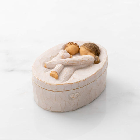 Willow Tree Tenderness hand-painted resin box highlighting artisan craftsmanship.