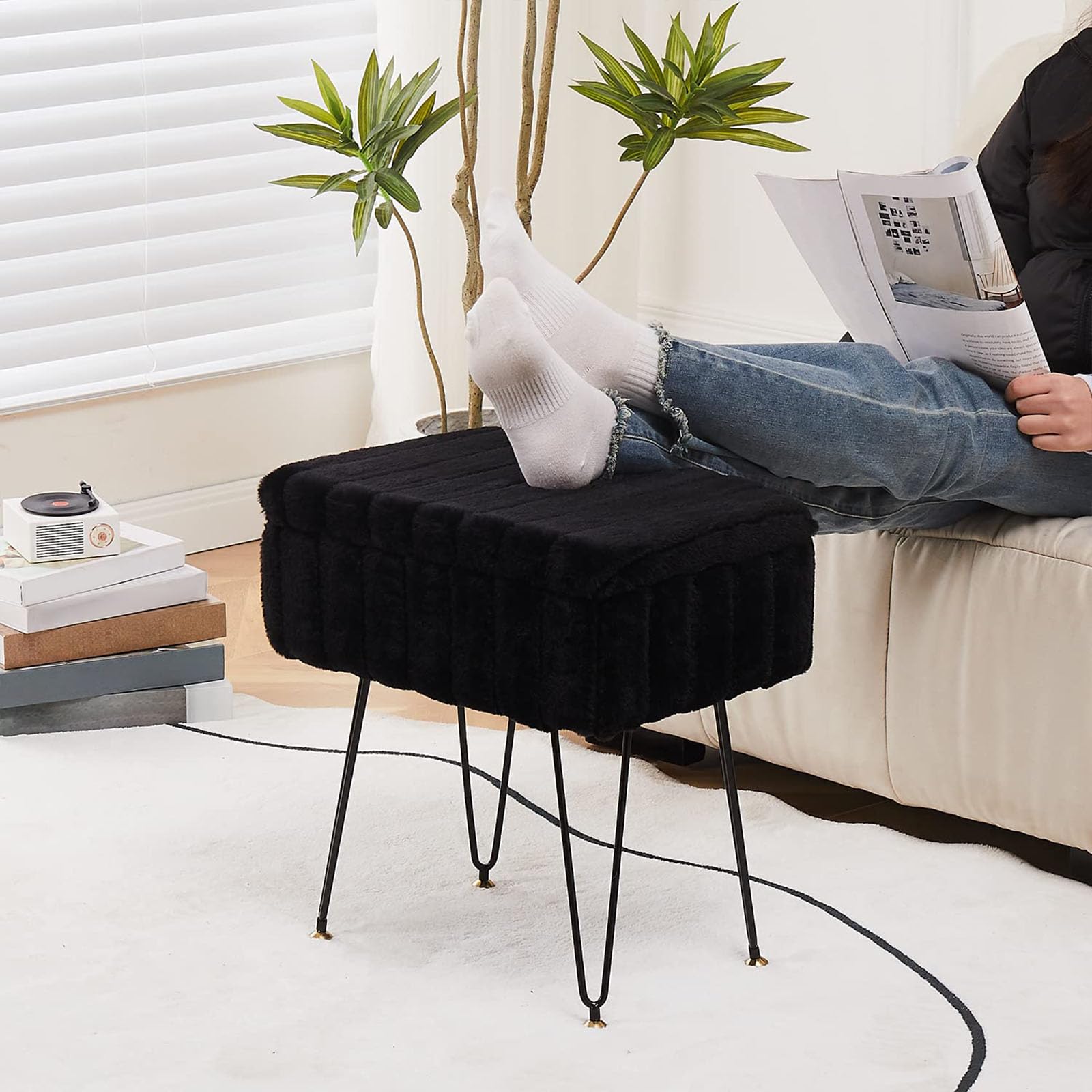Wimarsbon footstool with storage bench blends function and style in small spaces.