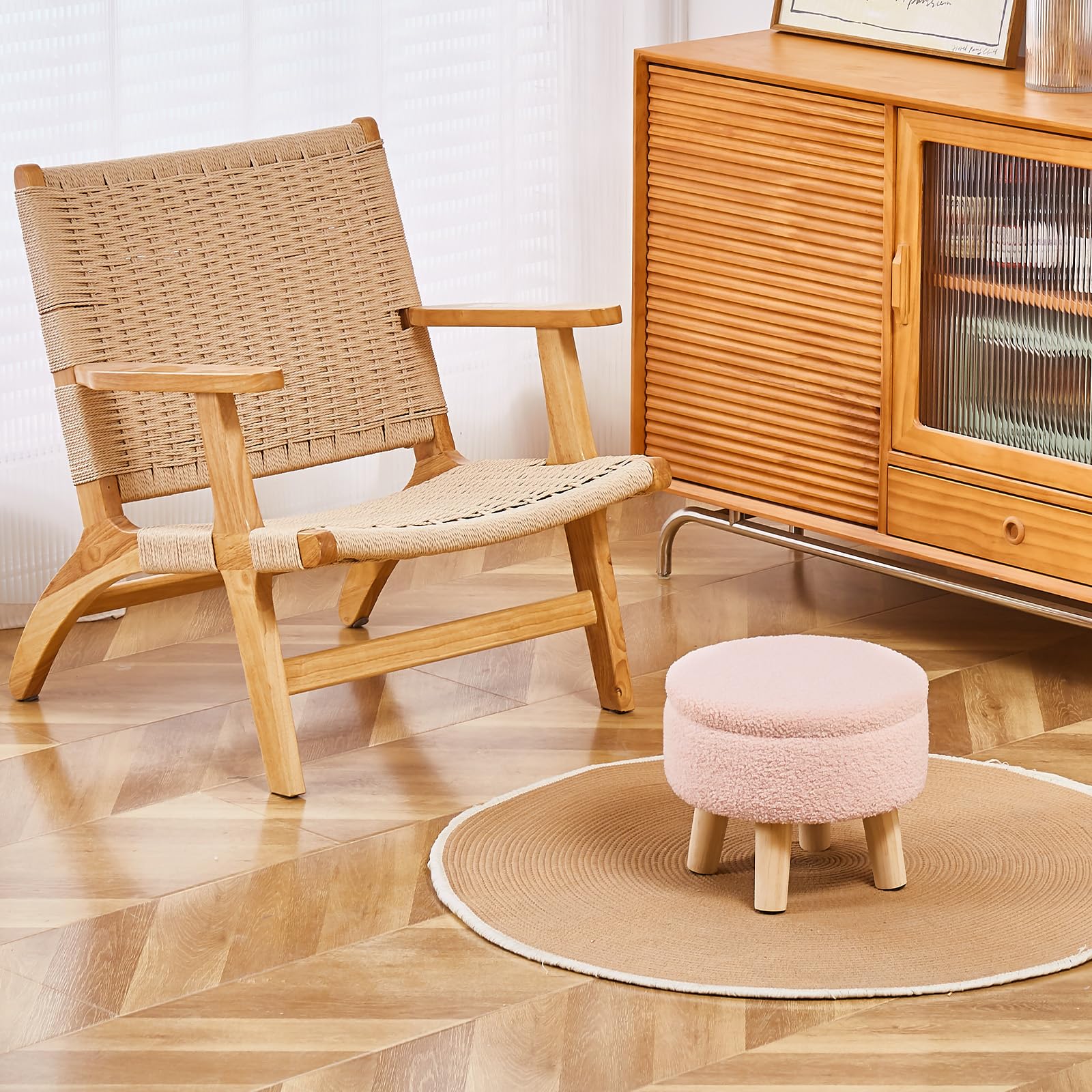 Wimarsbon round stool doubles as a pet step or cozy perch.