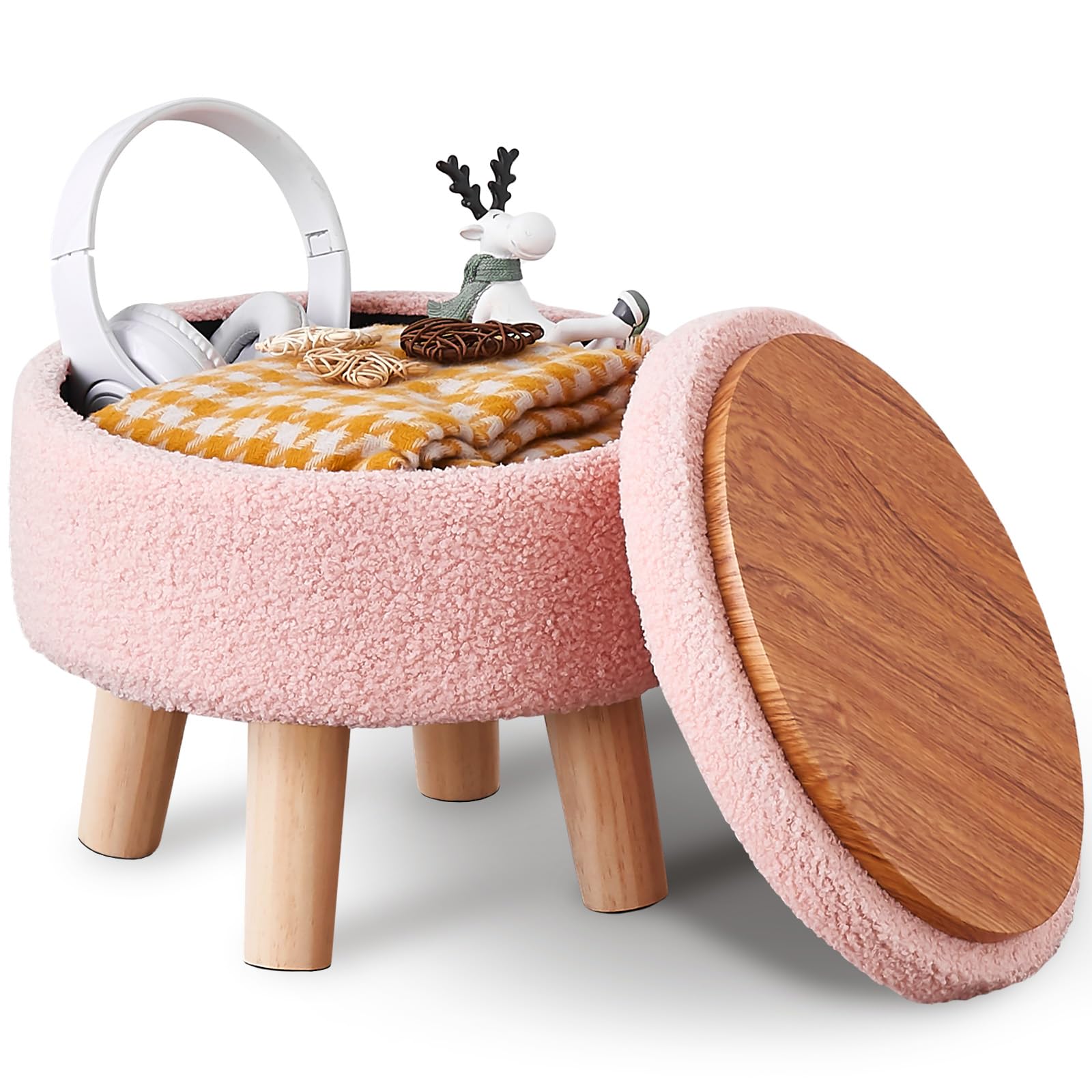 Wimarsbon storage ottoman round pink with cushioned top for compact stylish storage.