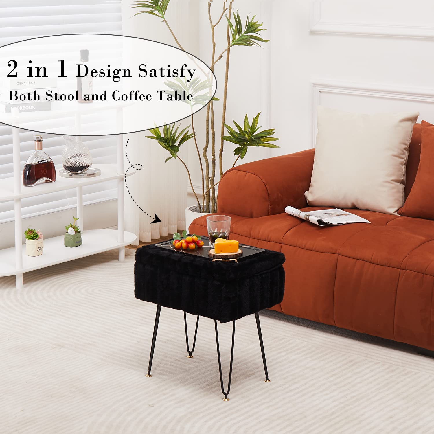 Wimarsbon vanity stool in faux mink fur provides soft seating for makeup routines.