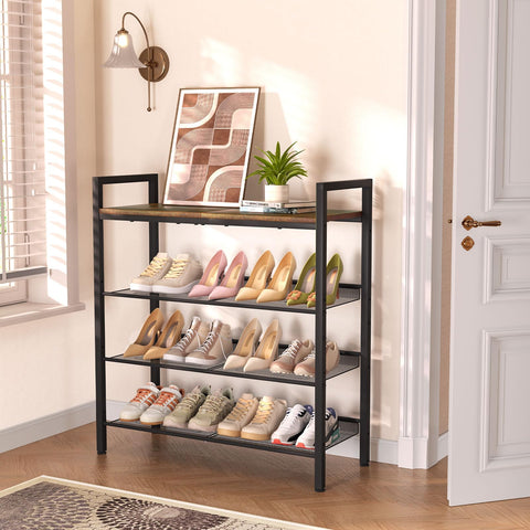 WIN4ALL four-tier rack highlights sturdy metal frame and wood texture.