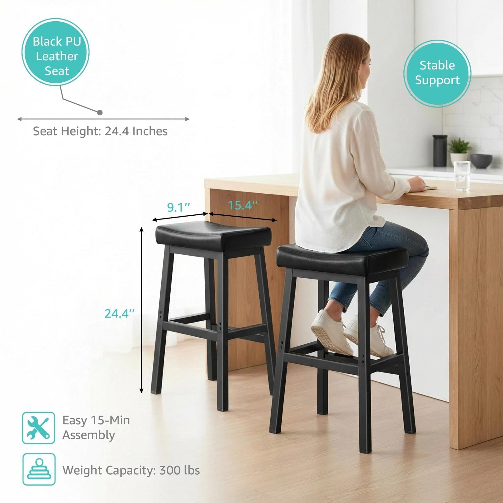 WINAZ 24-inch counter-height stool shown under counter for space-saving design