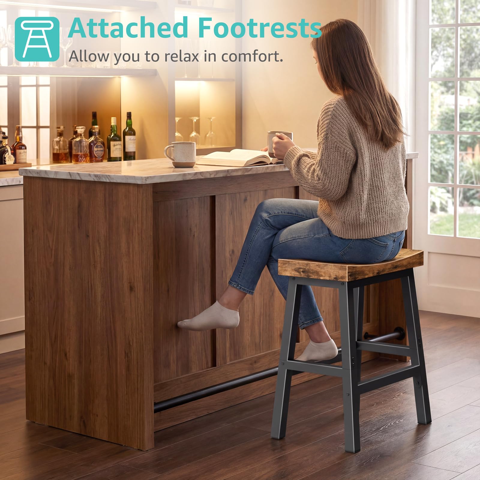 WINAZ Rustic Bar Stool assembly tools image highlights quick setup in about 15 minutes.