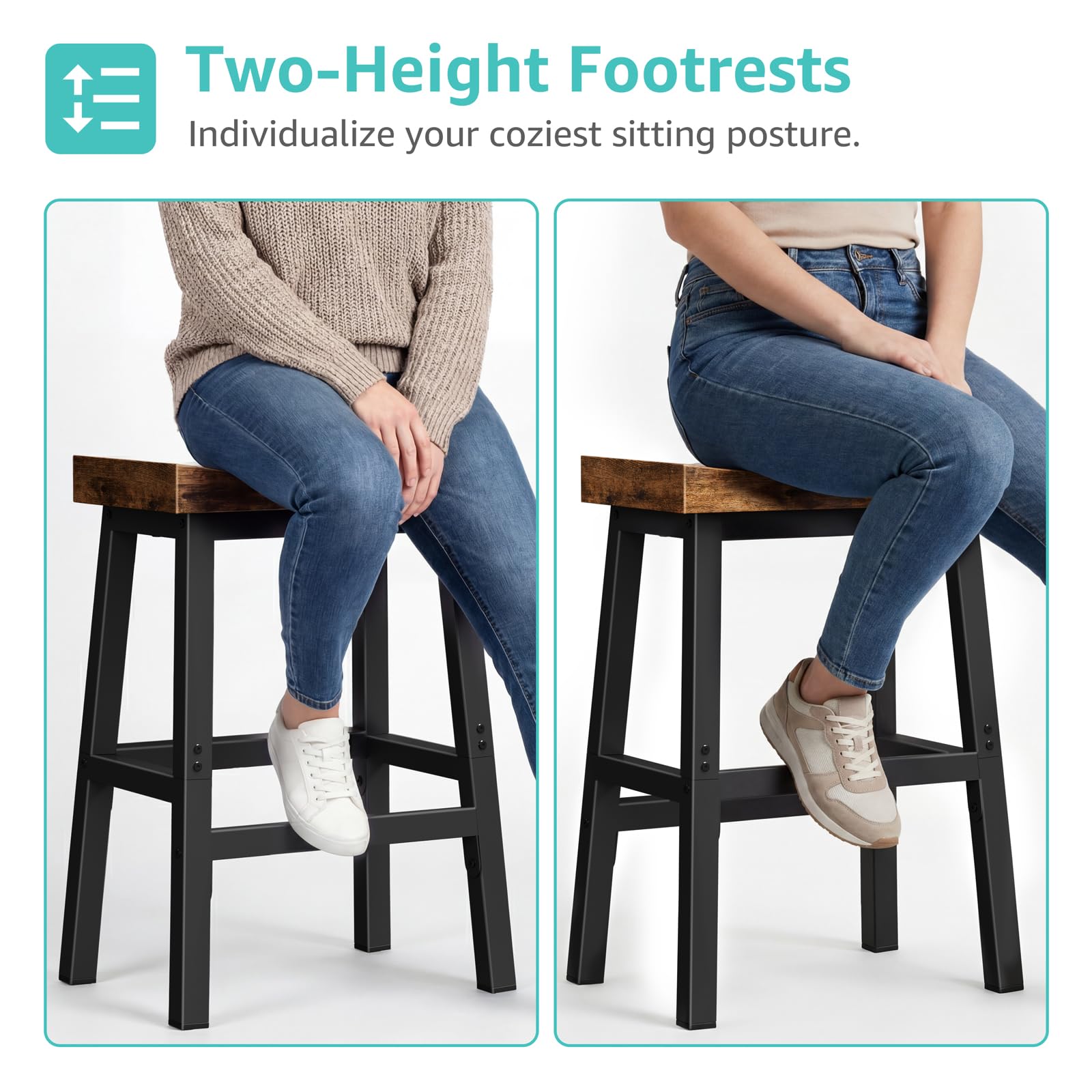 WINAZ Rustic Bar Stool heavy-duty-frame photo underscores 300 lb capacity and robust construction.