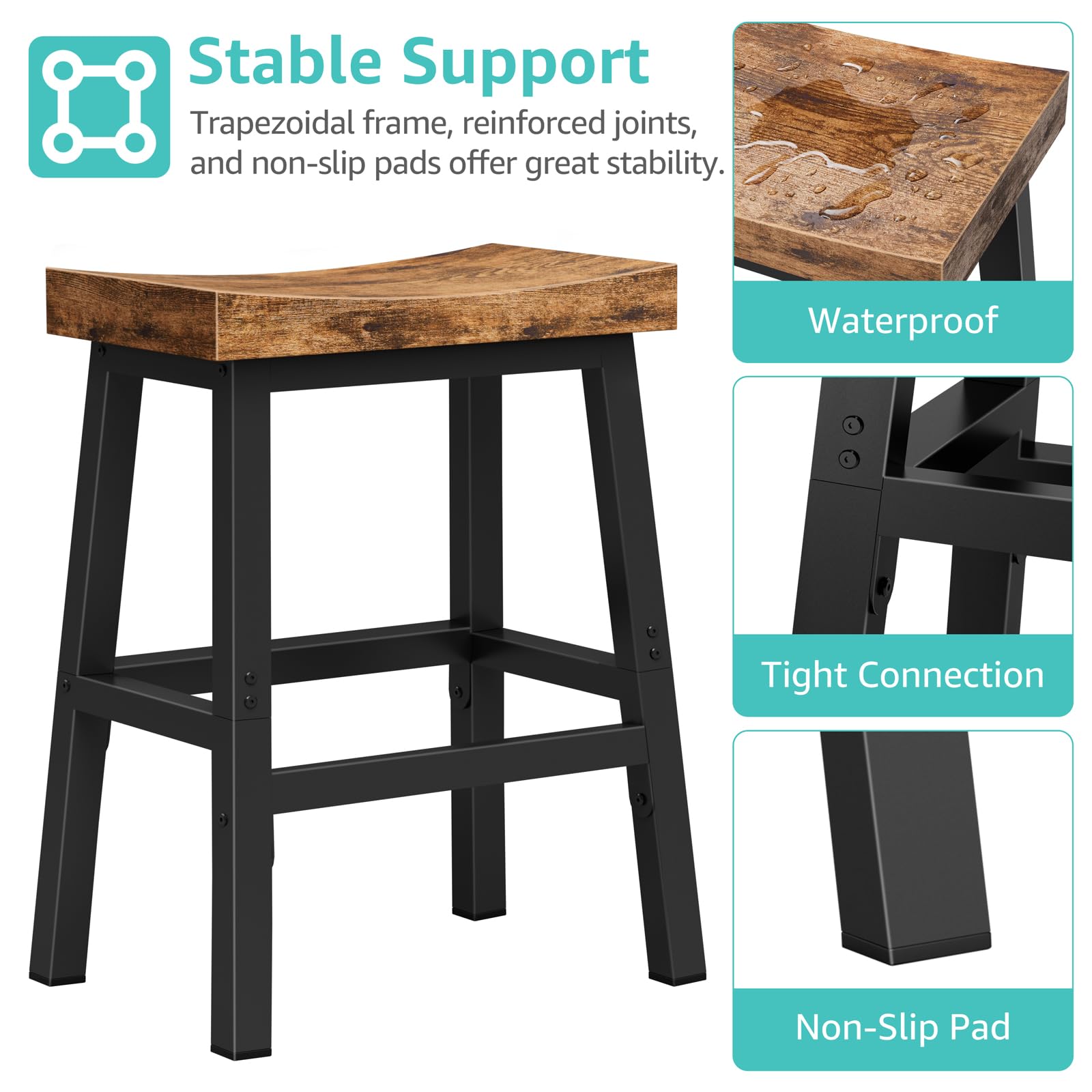 WINAZ Rustic Bar Stool outdoor-ready image signals weather-friendly wood and metal pairing.