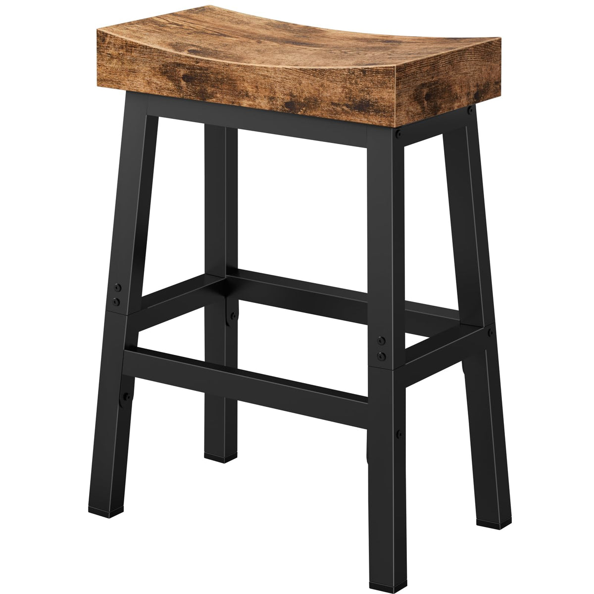 WINAZ Rustic Bar Stool seat view shows the saddle seat for comfortable long sits at the island.
