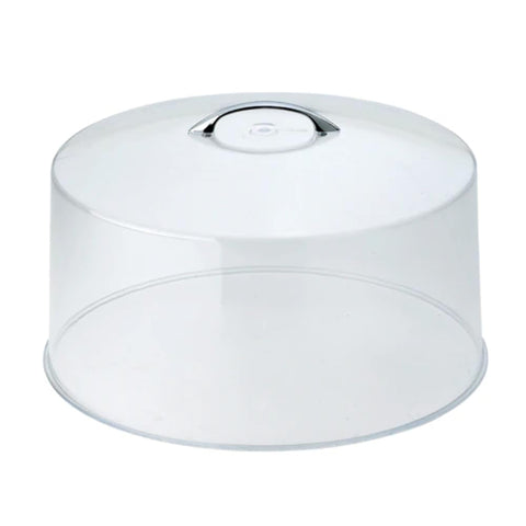 Winco CKS-13C round acrylic cake stand cover with chrome handle for secure display.