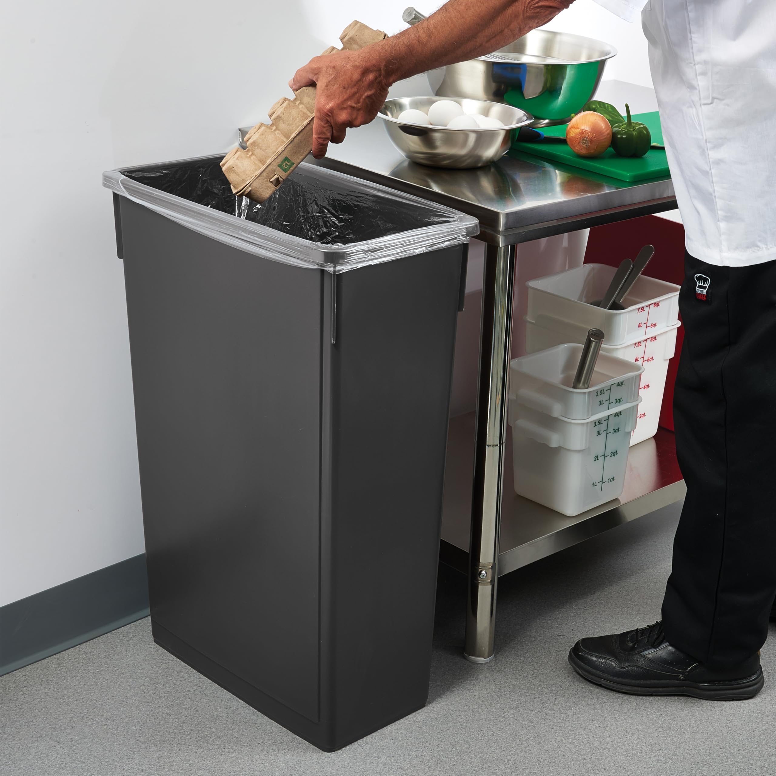 Winco Slender Trash Can bottom close-up shows reinforced durability for daily use.