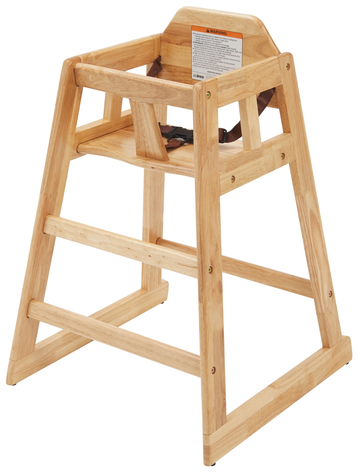Winco unassembled wooden high chair in natural-tan with high back for safe toddler dining.