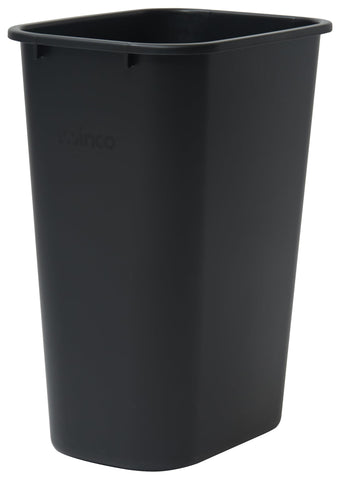 Winco waste basket 10-gallon black front view showing durable rolled edges for daily use