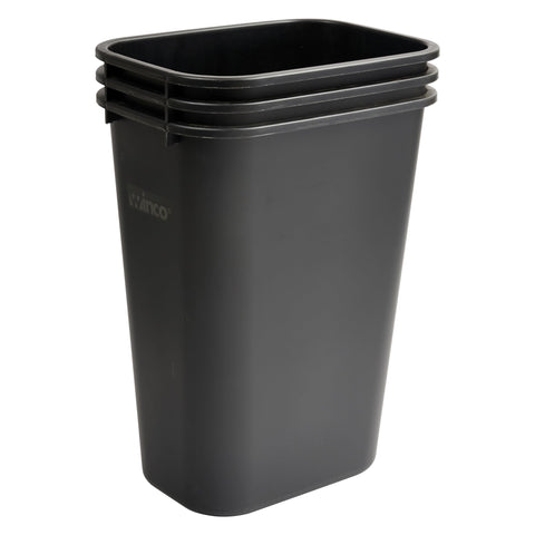 Winco waste basket 10-gallon black side view ideal under desks in home or office