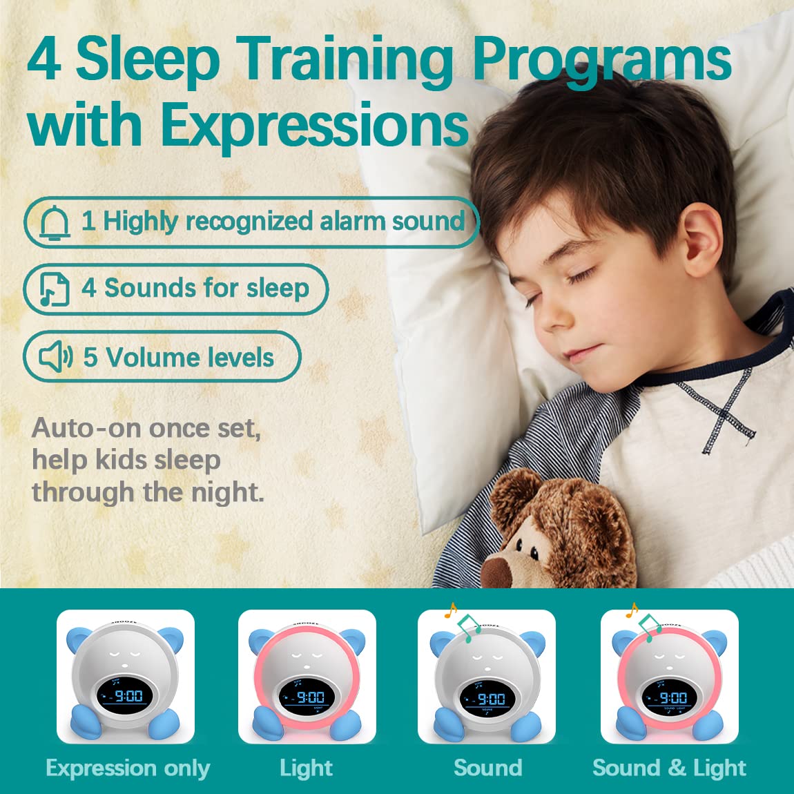 Windflyer OK to Wake Clock blue with child using it at night demonstrates routines
