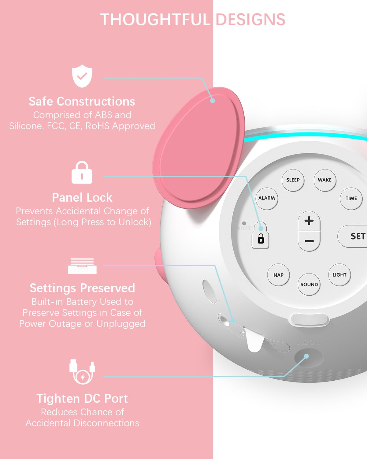 Windflyer OK to Wake Clock pink face expressions show wake or sleep cues
