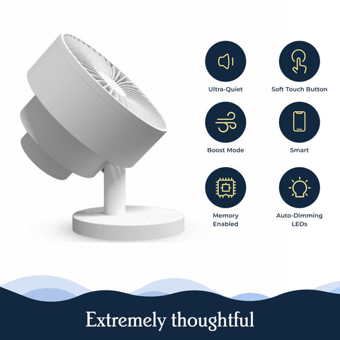 Windmill Smart Fan compact design resting on a nightstand.